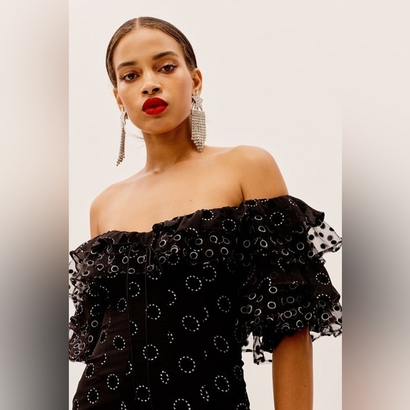 For Love & Lemons Mini Dress Off Shoulder Adella Party Dress in Black Polka Dot - Picture 2 of 13